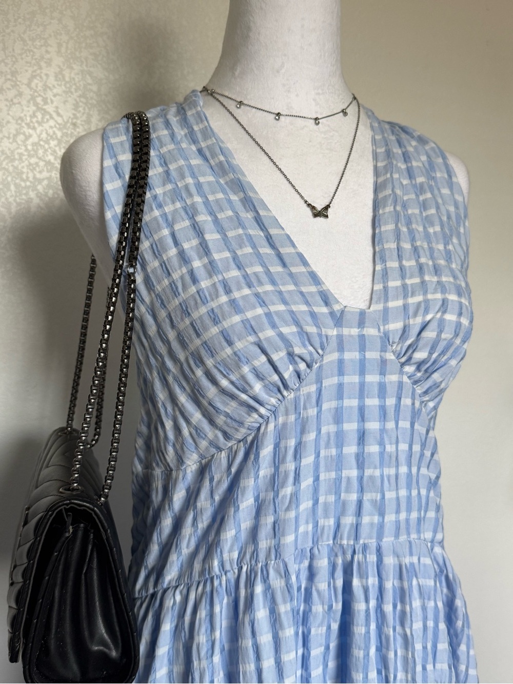 SHEIN Light Blue Gingham Backless Sundress